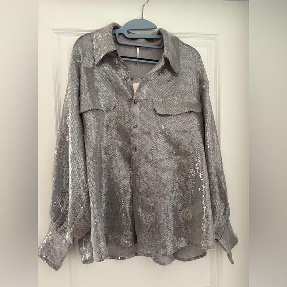 Free People “Disco Margarita” Sequin Button-Down Shirt – Silver – Size Small - Picture 6 of 16